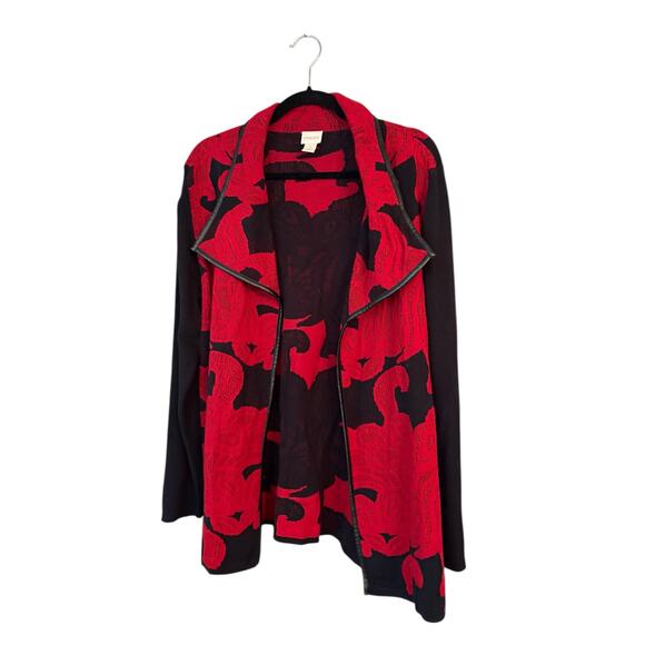 Chico's Womans Red & Black Open Cardigan Sweater Long Line Wool Cotton Knit - Picture 1 of 10